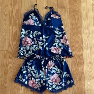 Floral Satin Sleepwear Set - Blue and Pink